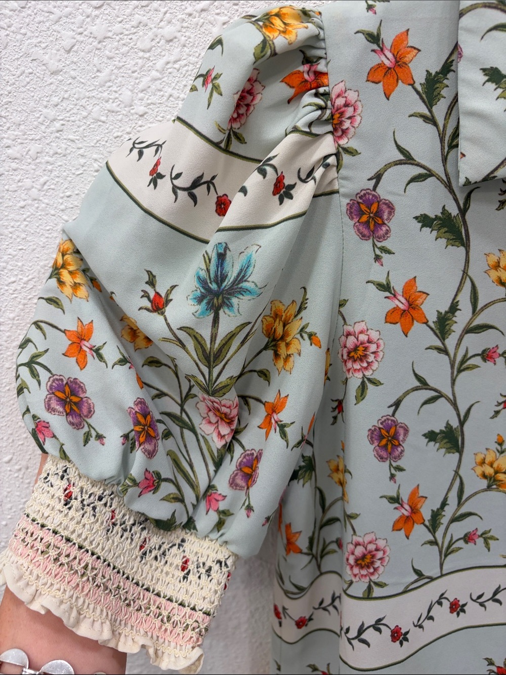 Floral Puff-Sleeve Button-Down Blouse in Sage Green - Picture 2 of 5